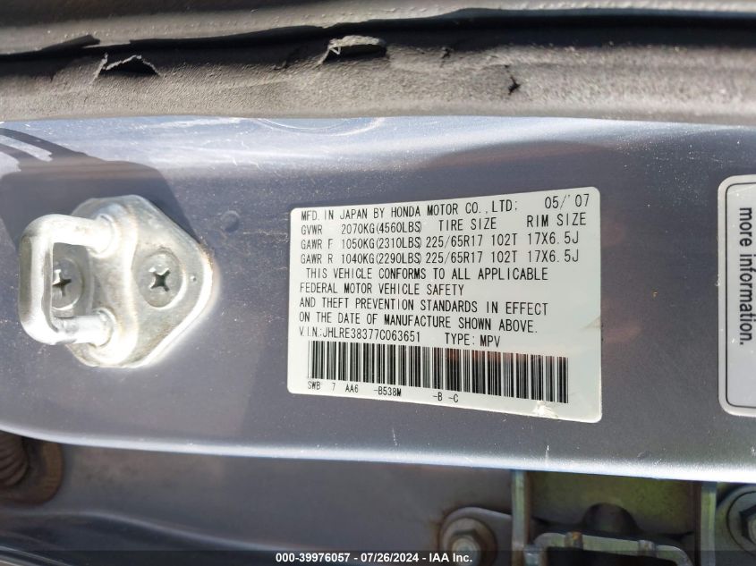 2007 Honda Cr-V Lx VIN: JHLRE38377C063651 Lot: 39976057