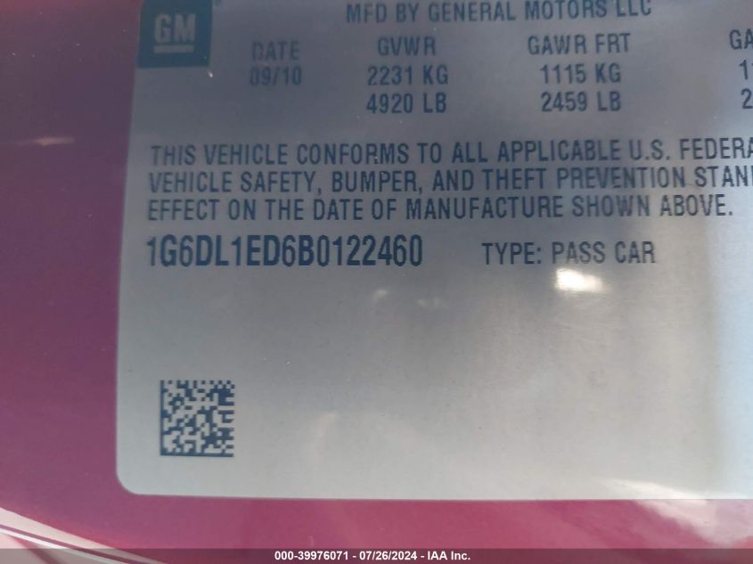 2011 Cadillac Cts Performance VIN: 1G6DL1ED6B0122460 Lot: 39976071