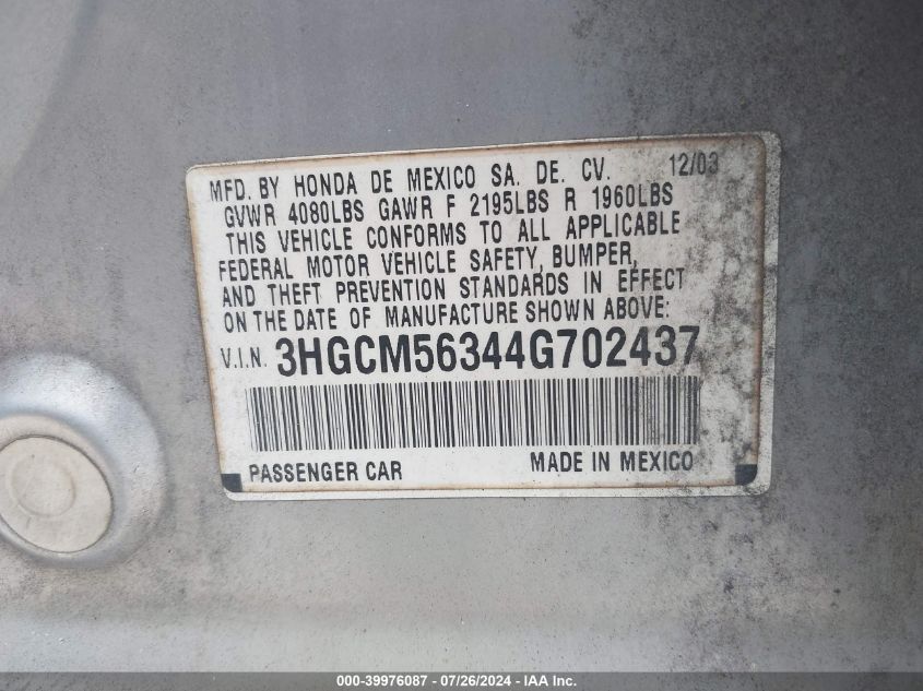 2004 Honda Accord 2.4 Lx VIN: 3HGCM56344G702437 Lot: 39976087