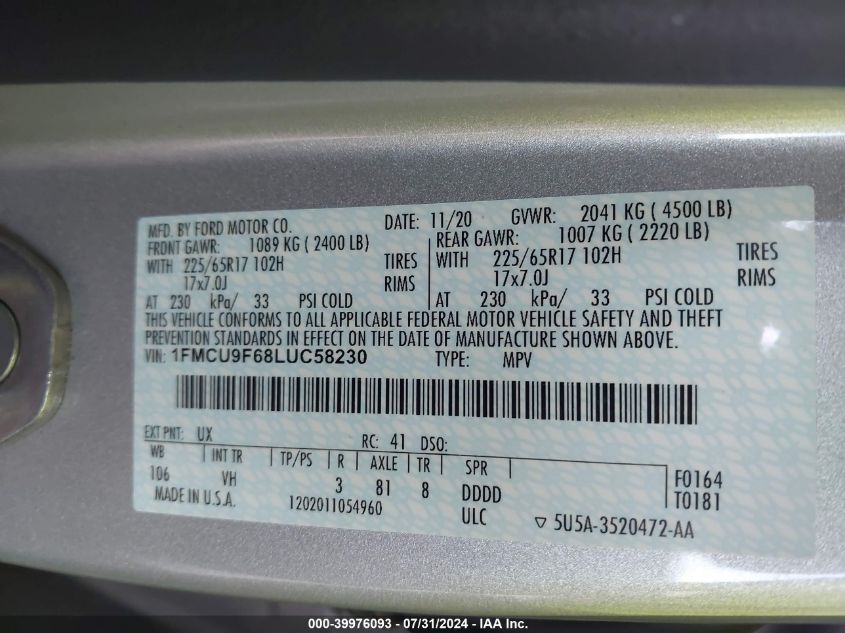 2020 FORD ESCAPE S - 1FMCU9F68LUC58230