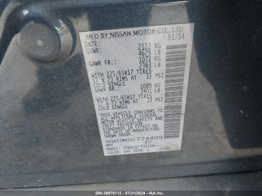 2014 Nissan Rogue Sv VIN: 5N1AT2MV2EC774409 Lot: 39976112