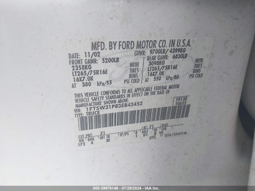 2003 Ford F-350 VIN: 1FTSW31P83EB43452 Lot: 39976146
