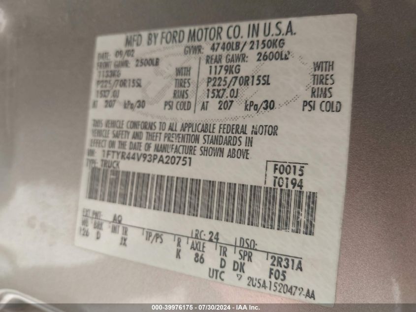2003 Ford Ranger Edge/Tremor/Xlt VIN: 1FTYR44V93PA20751 Lot: 39976175