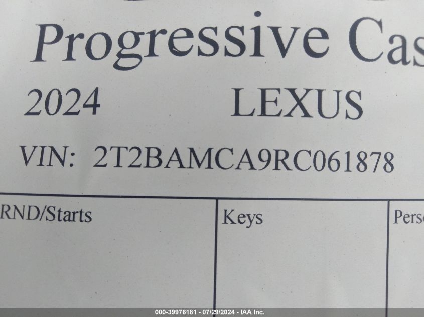 2024 Lexus Rx 350 Base/350 Premium/350 VIN: 2T2BAMCA9RC061878 Lot: 39976181