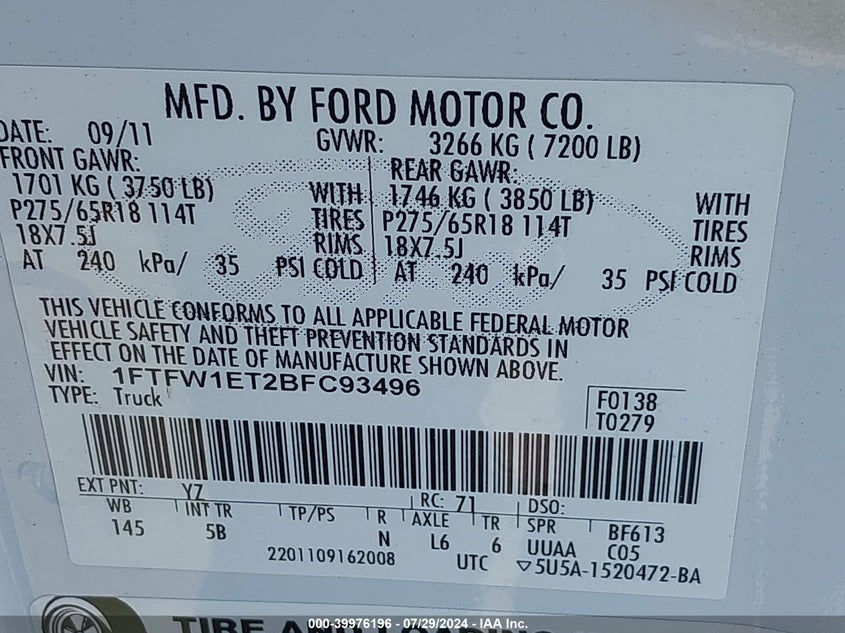 2011 Ford F-150 Fx4 VIN: 1FTFW1ET2BFC93496 Lot: 39976196