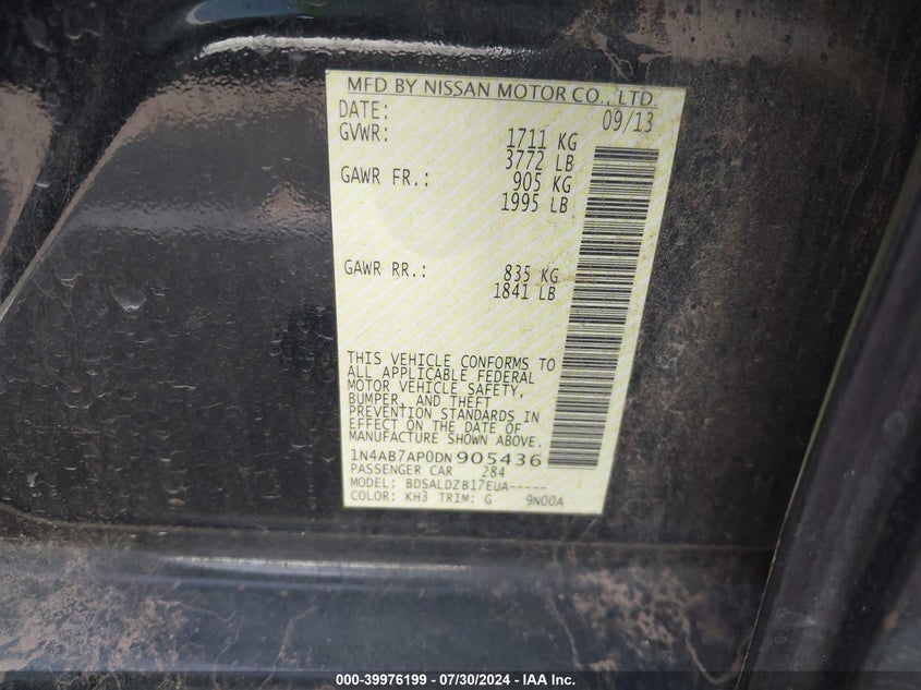 2013 Nissan Sentra Sv VIN: 1N4AB7AP0DN905436 Lot: 39976199