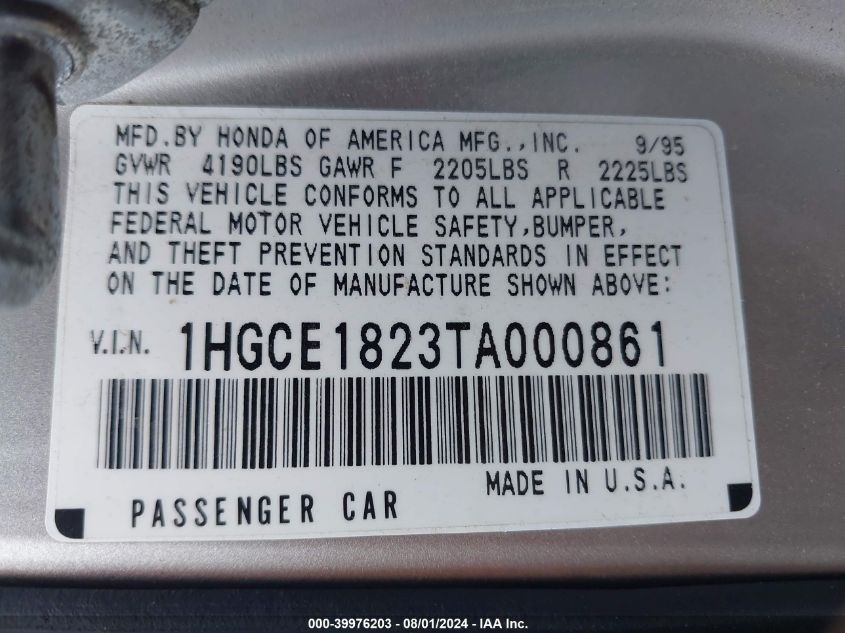 1996 Honda Accord Lx VIN: 1HGCE1823TA000861 Lot: 39976203