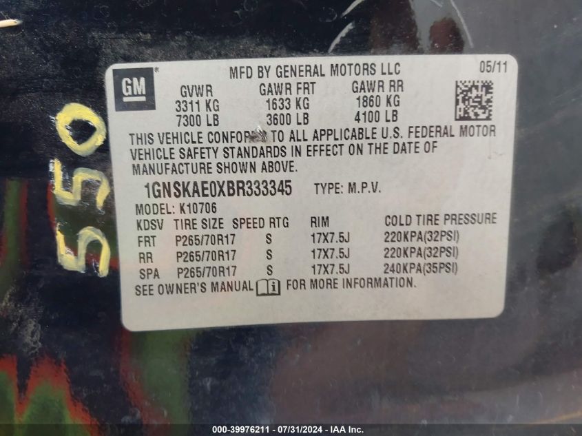 2011 Chevrolet Tahoe K1500 Ls VIN: 1GNSKAE0XBR333345 Lot: 39976211