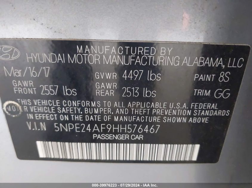 2017 Hyundai Sonata VIN: 5NPE24AF9HH576467 Lot: 39976223