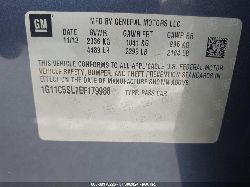 2014 Chevrolet Malibu 1Lt VIN: 1G11C5SL7EF179988 Lot: 39976226