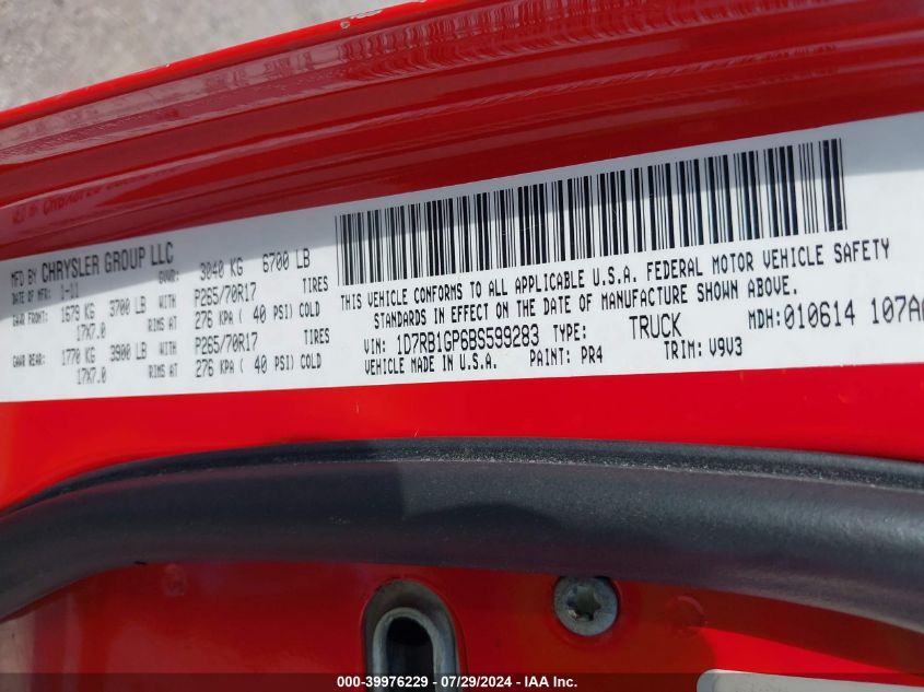 2011 Ram Ram 1500 Slt VIN: 1D7RB1GP6BS599283 Lot: 39976229