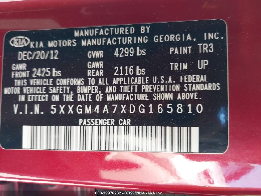 2013 Kia Optima Lx VIN: 5XXGM4A7XDG165810 Lot: 39976232