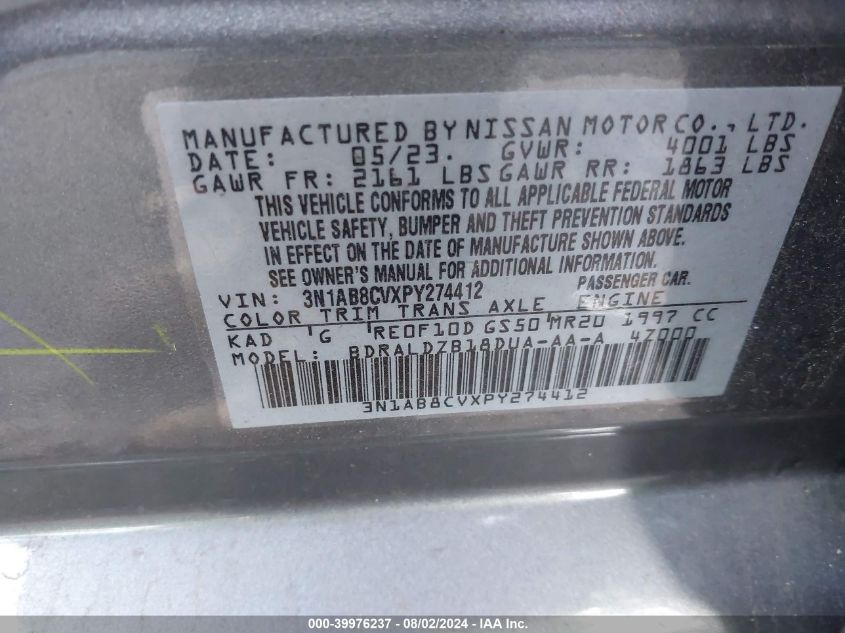 2023 Nissan Sentra Sv Xtronic Cvt VIN: 3N1AB8CVXPY274412 Lot: 39976237