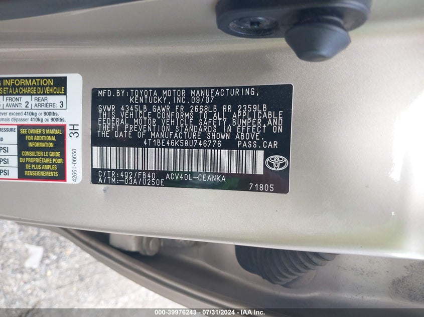 2008 Toyota Camry VIN: 4T1BE46K58U746776 Lot: 39976243