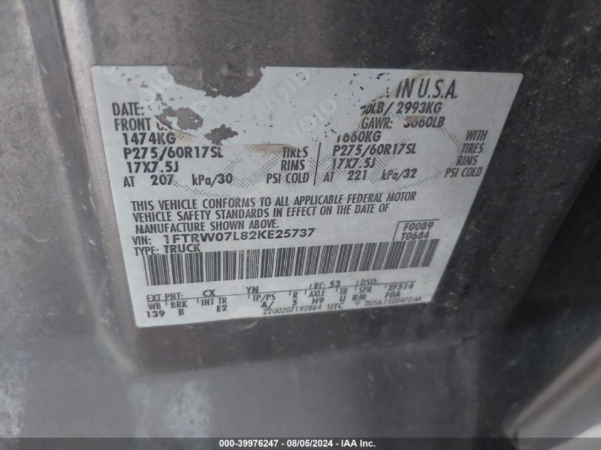 2002 Ford F-150 Lariat/Xlt VIN: 1FTRW07L82KE25737 Lot: 39976247