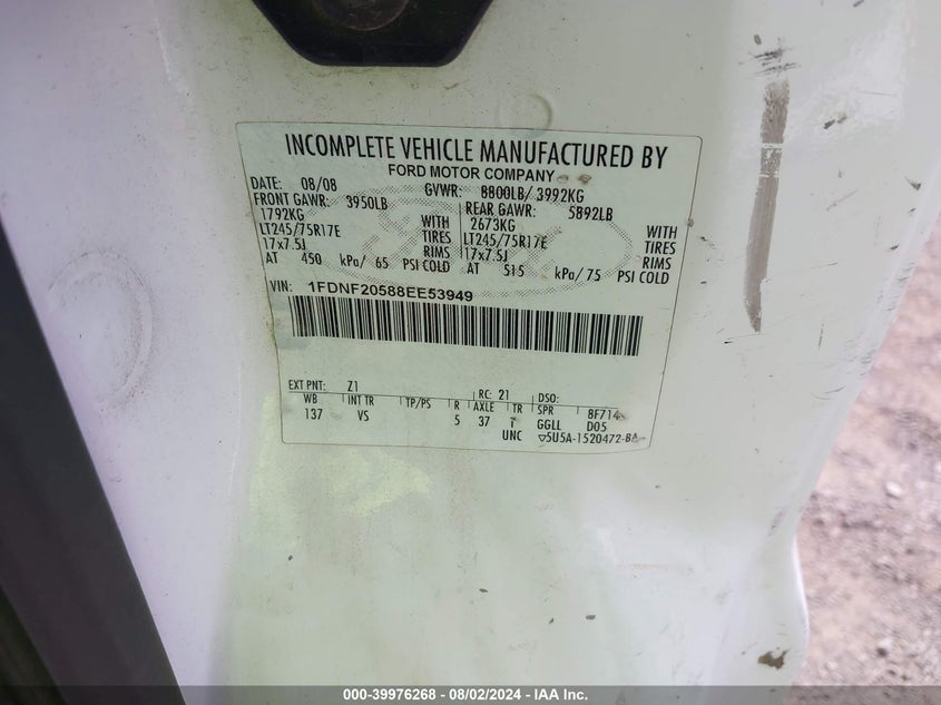2008 Ford F-250 Xl/Xlt VIN: 1FDNF20588EE53949 Lot: 39976268