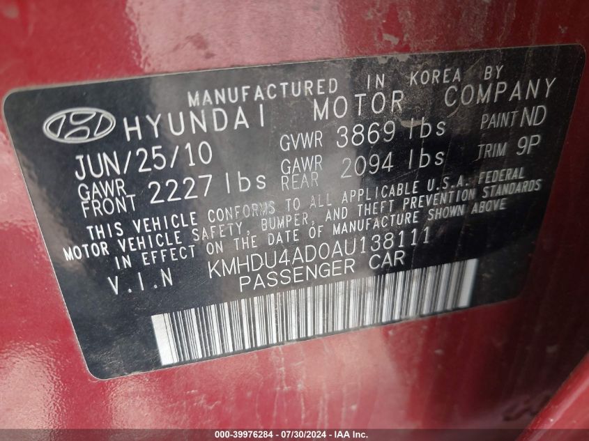 2010 Hyundai Elantra Se VIN: KMHDU4AD0AU138111 Lot: 39976284