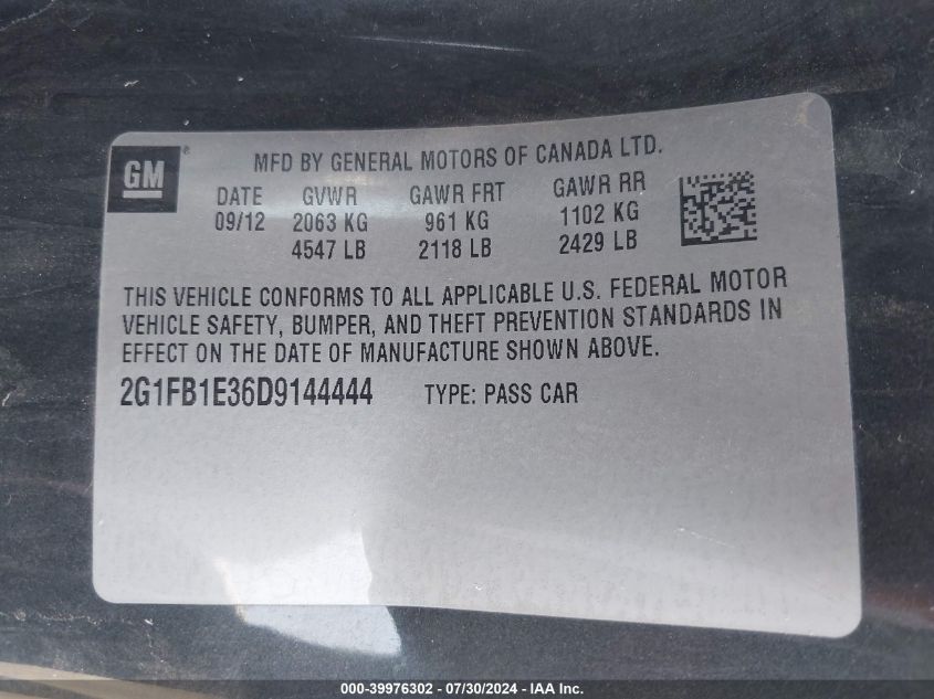 2013 Chevrolet Camaro 1Lt VIN: 2G1FB1E36D9144444 Lot: 39976302