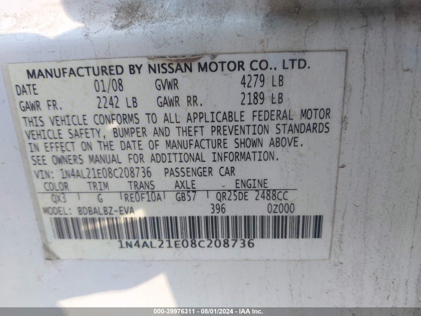 2008 Nissan Altima 2.5 S VIN: 1N4AL21E08C208736 Lot: 39976311