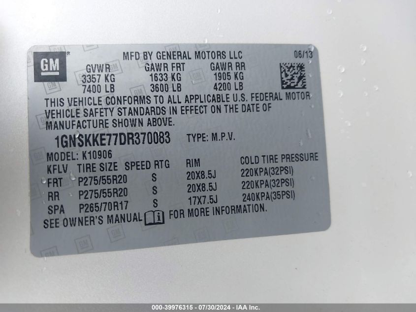 2013 Chevrolet Suburban 1500 Ltz VIN: 1GNSKKE77DR370083 Lot: 39976315