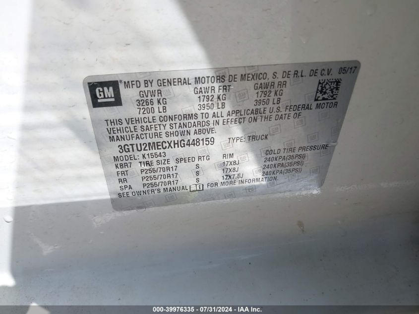2017 GMC Sierra 1500 Sle VIN: 3GTU2MECXHG448159 Lot: 39976335