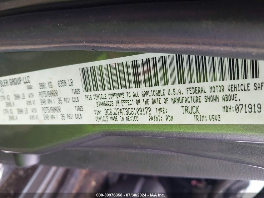 2012 Ram 1500 St VIN: 3C6JD7AT3CG103172 Lot: 39976358