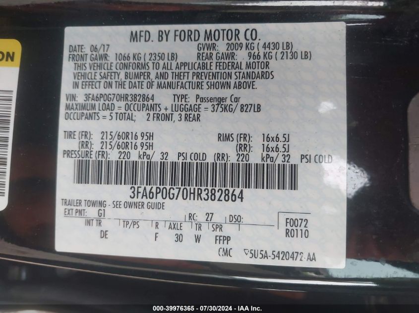 2017 FORD FUSION S - 3FA6P0G70HR382864