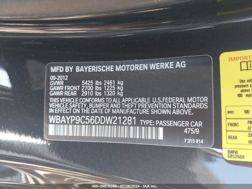 2013 BMW 650I VIN: WBAYP9C56DDW21281 Lot: 39976396