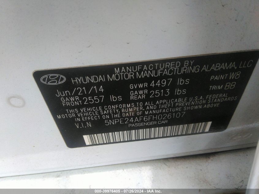 5NPE24AF6FH026107 | 2015 HYUNDAI SONATA