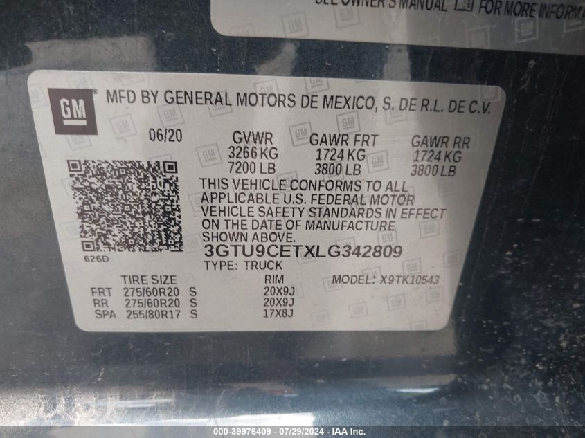 2020 GMC Sierra 1500 4Wd Short Box Elevation VIN: 3GTU9CETXLG342809 Lot: 39976409