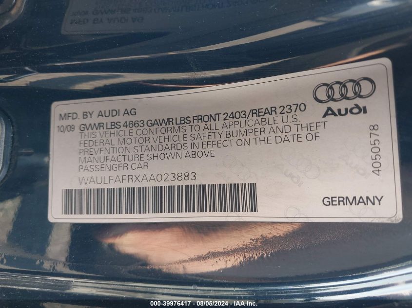 2010 Audi A5 2.0T Premium VIN: WAULFAFRXAA023883 Lot: 39976417