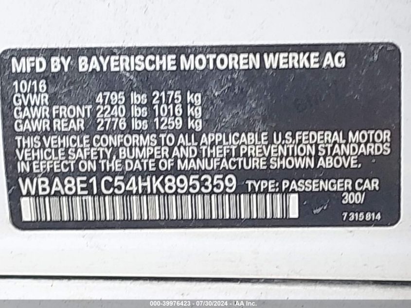 2017 BMW 330E VIN: WBA8E1C54HK895359 Lot: 39976423