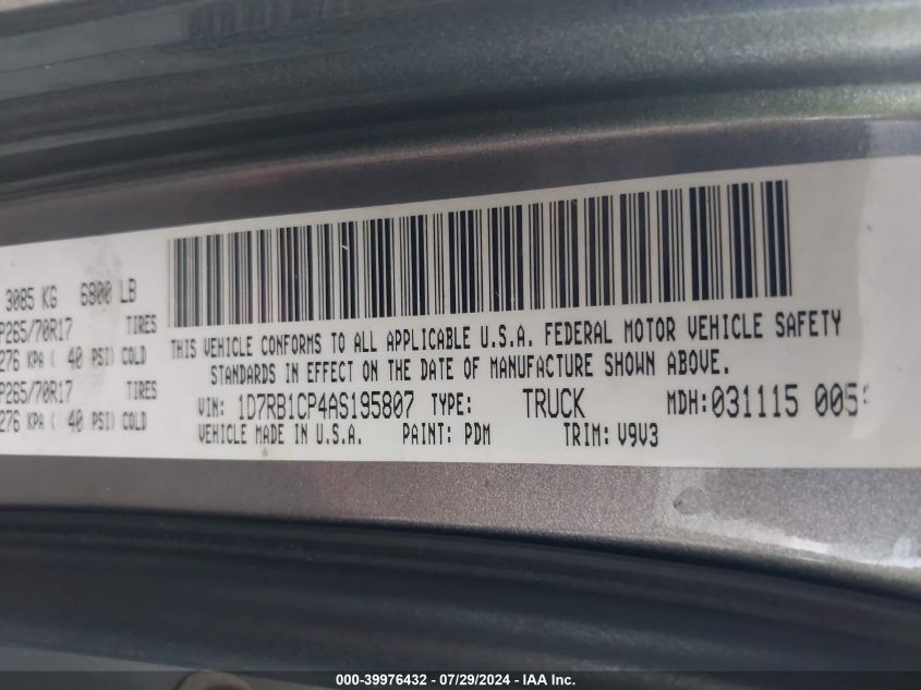 2010 Dodge Ram 1500 VIN: 1D7RB1CP4AS195807 Lot: 39976432