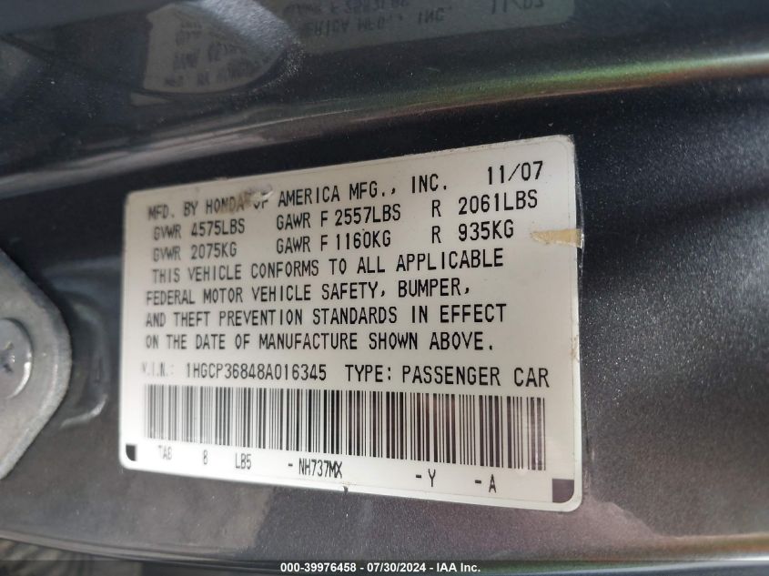 1HGCP36848A016345 2008 Honda Accord 3.5 Ex-L