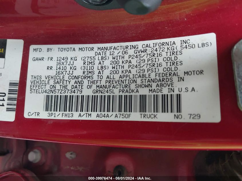 2007 Toyota Tacoma Double Cab VIN: 5TELU42N57Z373479 Lot: 39976474