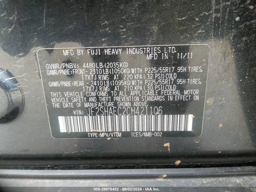 2012 Subaru Forester 2.5X Limited VIN: JF2SHAEC2CH421106 Lot: 39976482