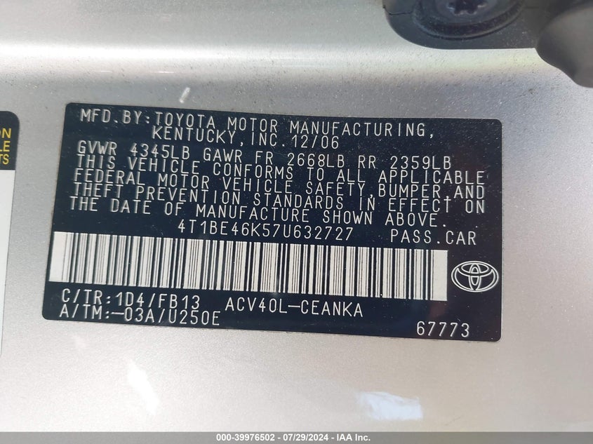 2007 Toyota Camry Ce VIN: 4T1BE46K57U632727 Lot: 39976502
