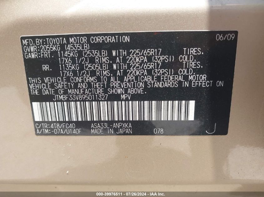 2009 Toyota Rav4 VIN: JTMBF33V895011327 Lot: 39976511