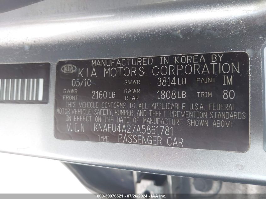 2010 Kia Forte Ex VIN: KNAFU4A27A5861781 Lot: 39976521