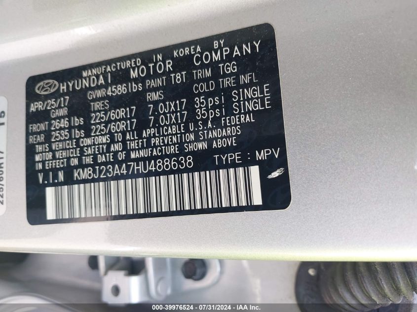 2017 Hyundai Tucson Se VIN: KM8J23A47HU488638 Lot: 39976524