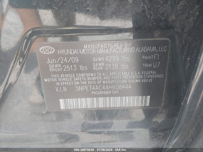 2010 Hyundai Sonata Gls VIN: 5NPET4AC4AH608444 Lot: 39976536