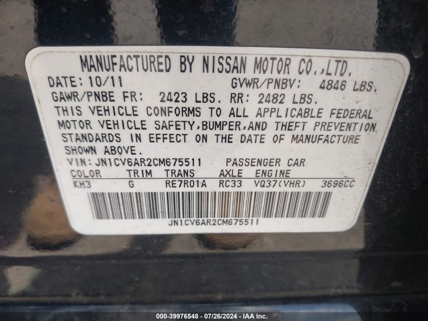 2012 Infiniti G37X VIN: JN1CV6AR2CM675511 Lot: 39976548