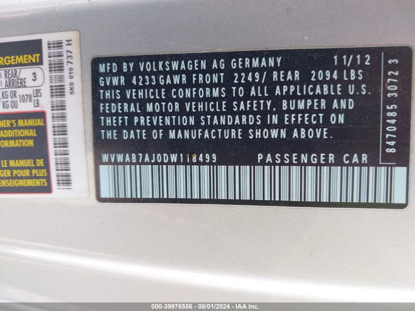 2013 Volkswagen Golf 2.5L 2-Door VIN: WVWAB7AJ0DW118499 Lot: 39976556