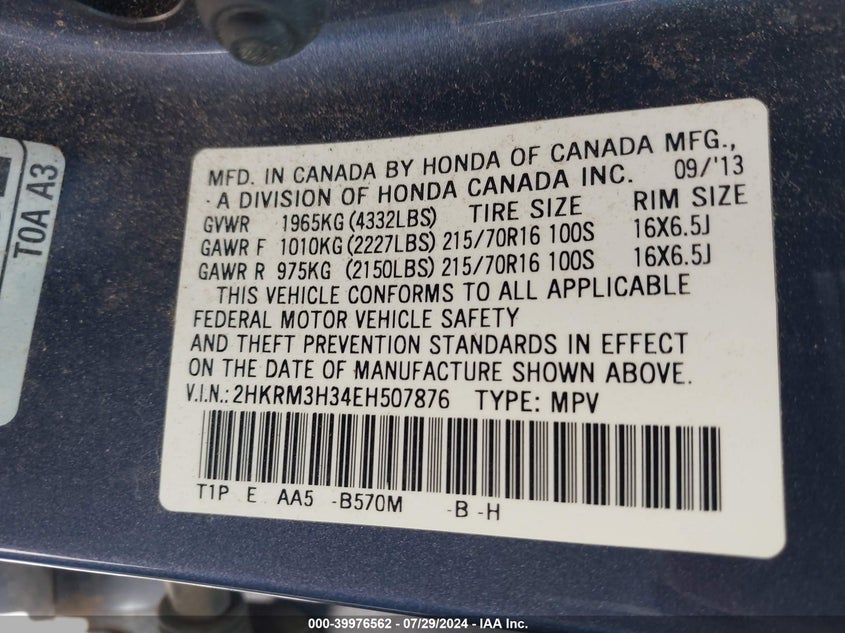 2014 Honda Cr-V Lx VIN: 2HKRM3H34EH507876 Lot: 39976562