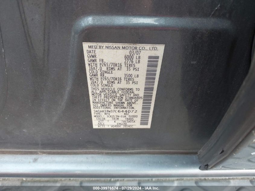 2007 Nissan Pathfinder Se VIN: 5N1AR18W37C644072 Lot: 39976574