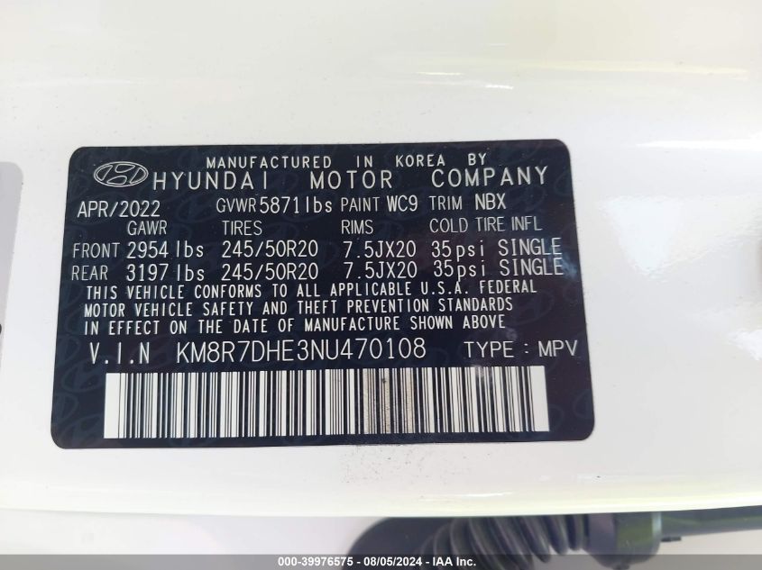 2022 Hyundai Palisade Calligraphy VIN: KM8R7DHE3NU470108 Lot: 39976575