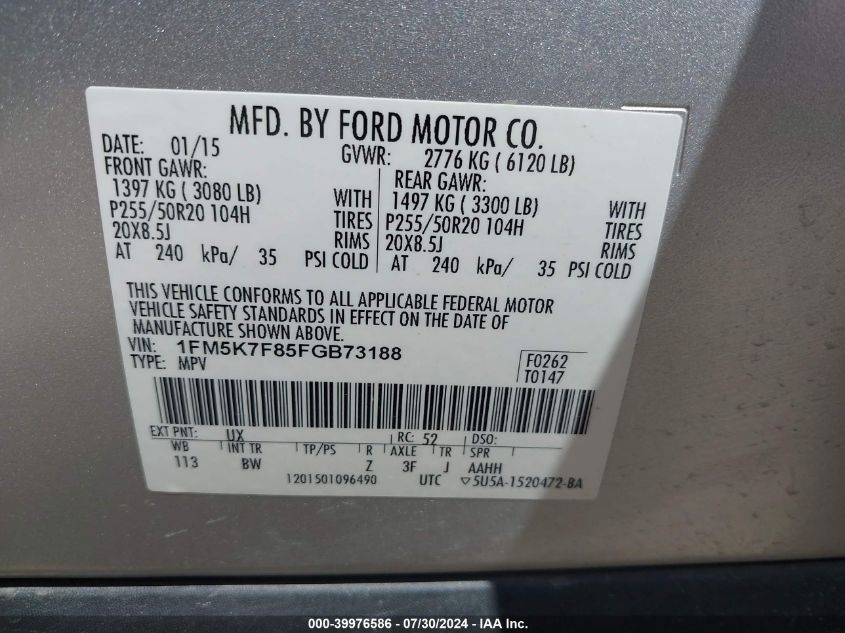 2015 Ford Explorer Limited VIN: 1FM5K7F85FGB73188 Lot: 39976586