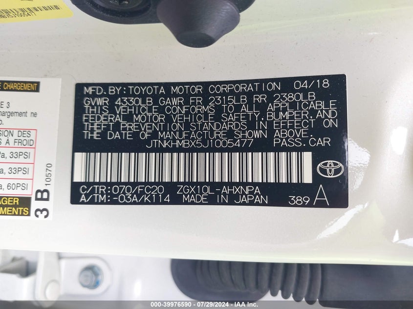 VIN JTNKHMBX5J1005477 2018 TOYOTA C-HR XLE PREMIUM