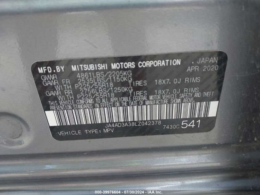 2020 Mitsubishi Outlander Se/Sel/Le VIN: JA4AD3A38LZ042378 Lot: 39976604