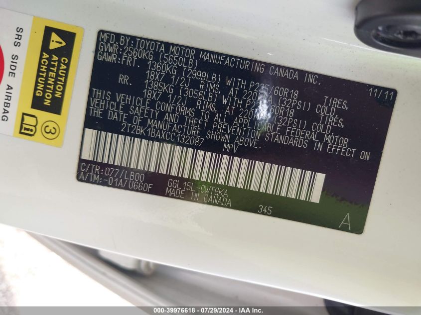 2012 Lexus Rx 350 VIN: 2T2BK1BAXCC132087 Lot: 39976618